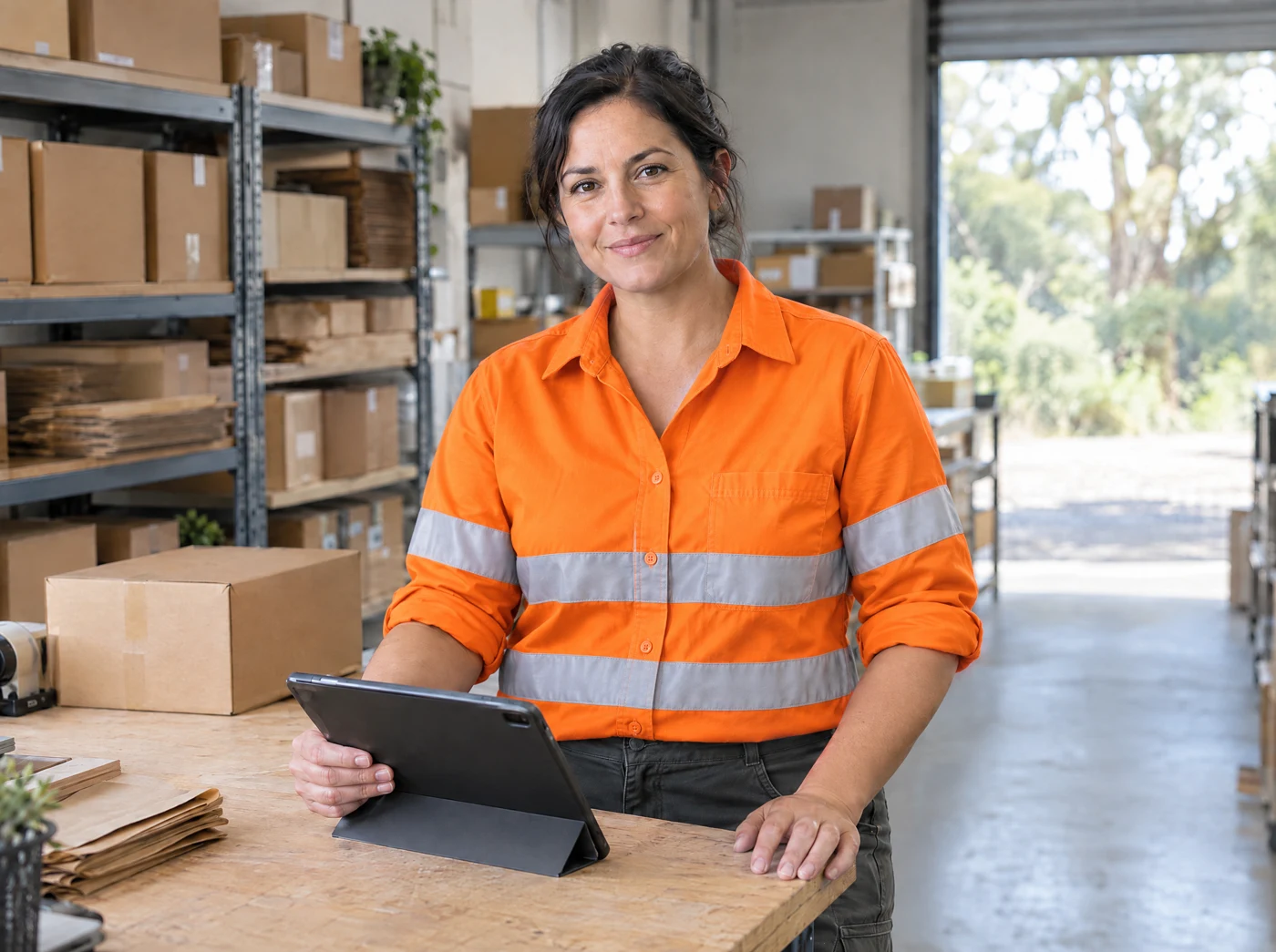 Illustrative warehouse owner looking up from a tablet at her packing bench.