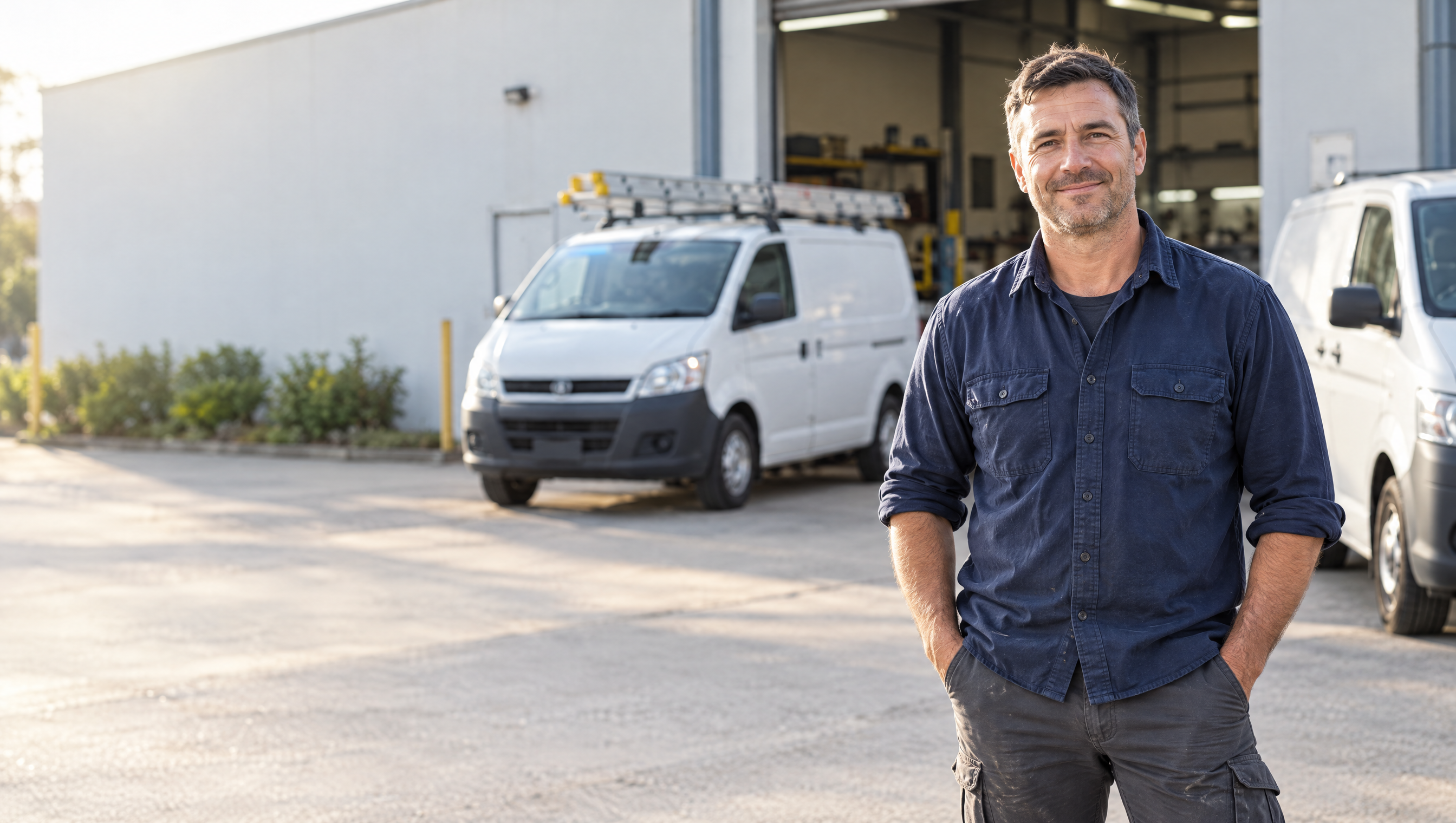 An electrician outside his workshop with two white work vans, looking quietly proud of the business he has built.